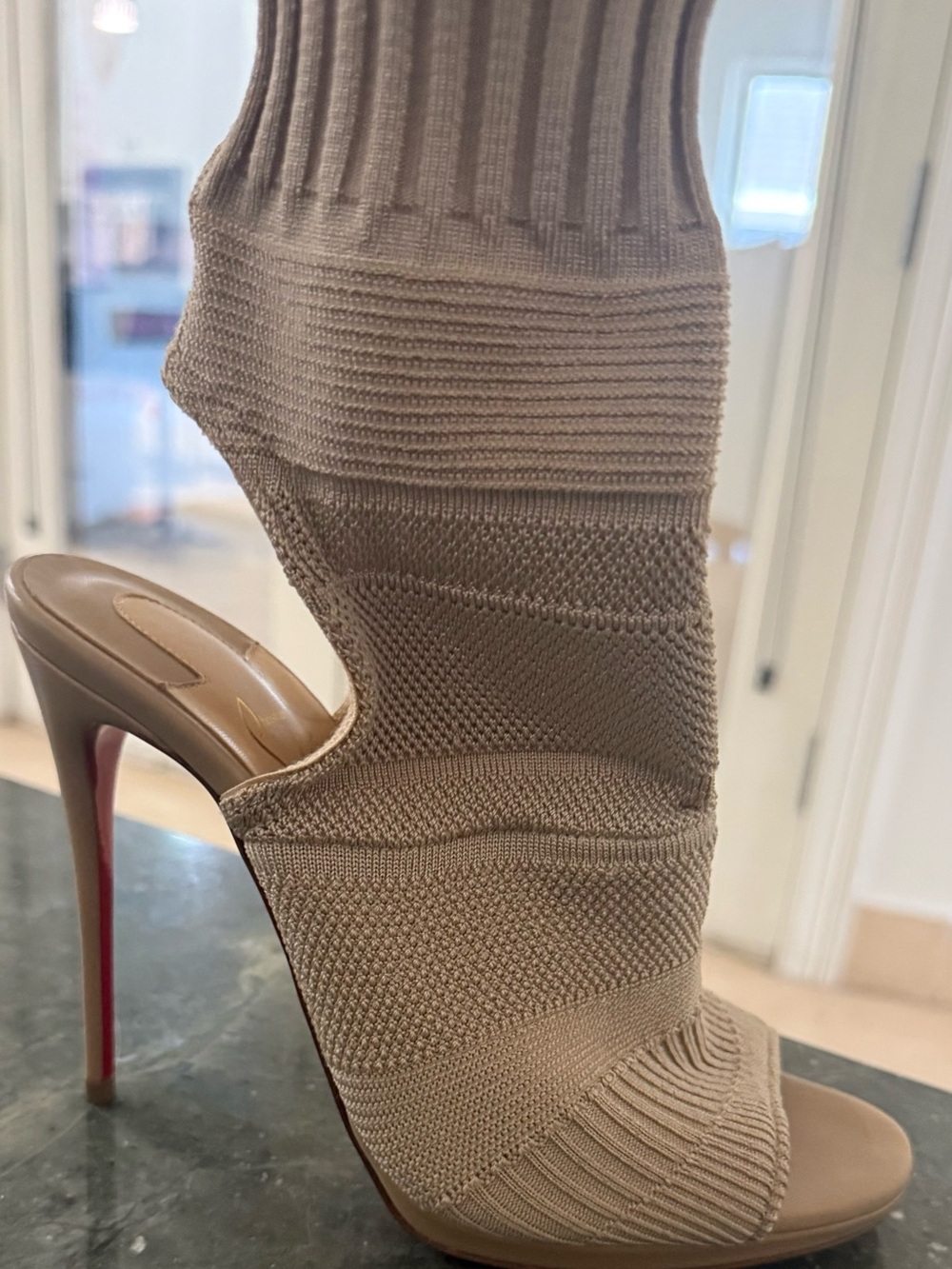 Christian Louboutin Beige Knit Peep-Toe Stiletto Sock Sandals